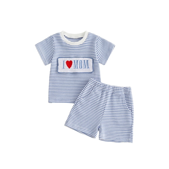 BemeyourBBs Toddler Baby Boys Summer Clothes Mothers Day Outfit I love Mom Letters Embroidery Short Sleeve Waffle Striped T Shirts with Pockets Shorts 2Pcs Set