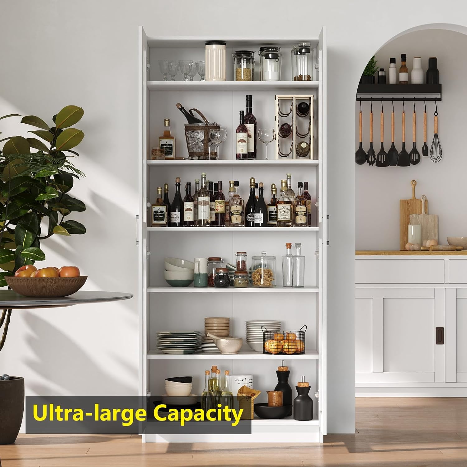 Fddevelop White Tall Wood Kitchen Pantry Cabinet with Doors and Adjustable Shelves  71”H