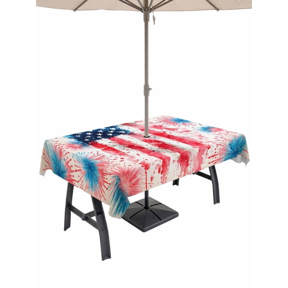 Outdoor Tablecloth with Umbrella Hole for Patio/Picnic/Party/Camping, Patriotic 250 Waterproof Table Cloth Rectangle Table Cover Washable, American Flag 4th of July Independence (60"x 102")