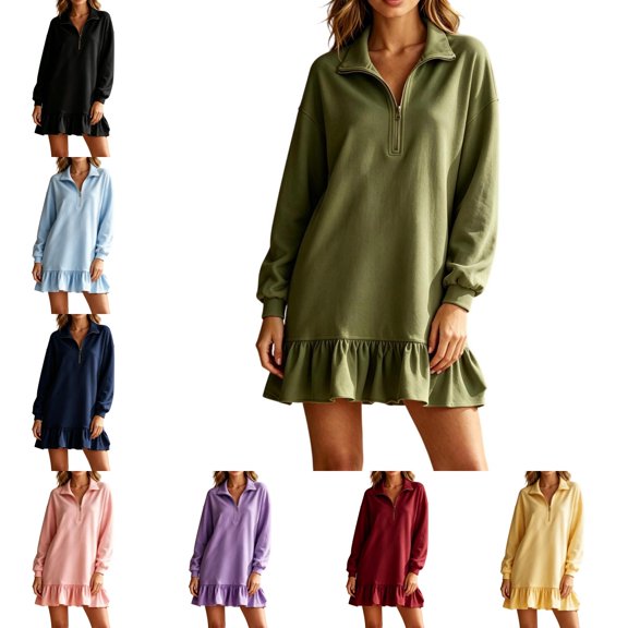 Levmjia Women's Dress Long Sleeve Collar Quarter Zip Sweater Dress Casual Loose Fit Ruffle Hem Mini Dress Solid Color Fall Winter Dresses