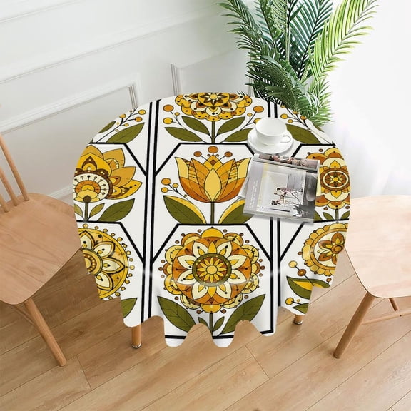 RKSupls 60 Inch Round Tablecloth, Vintage Flower Tiles Premium Polyester Straight Edge Wrinkle Resistant Washable Table Cover for Party Home Dining Decor