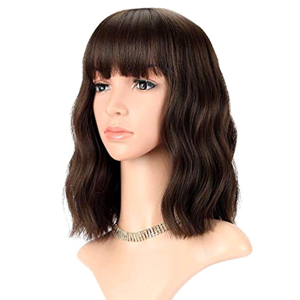 FAELBATY Pelucas cortas marrones con flequillo hasta los hombros peluca para mujeres rizadas onduladas sintéticas Cosplay peluca para niñas disfraz pelucas (12.0 in natural negro marrón oscuro color m