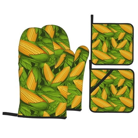 

Oven Mitts and Pot Holders Sets 4 pcs - Fresh Corn 1 Heat Resistant Silicone Oven Gloves with Non-Slip Silicone Surface and hot pads for kitchen Baking Cooking BBQ