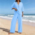 thumbnail image 2 of Linen Two Piece Outfits for Women Summer V Neck Button Down Tops Wide Leg Pants Set Casual Loose Matching Sets For Vacation, 2 of 7