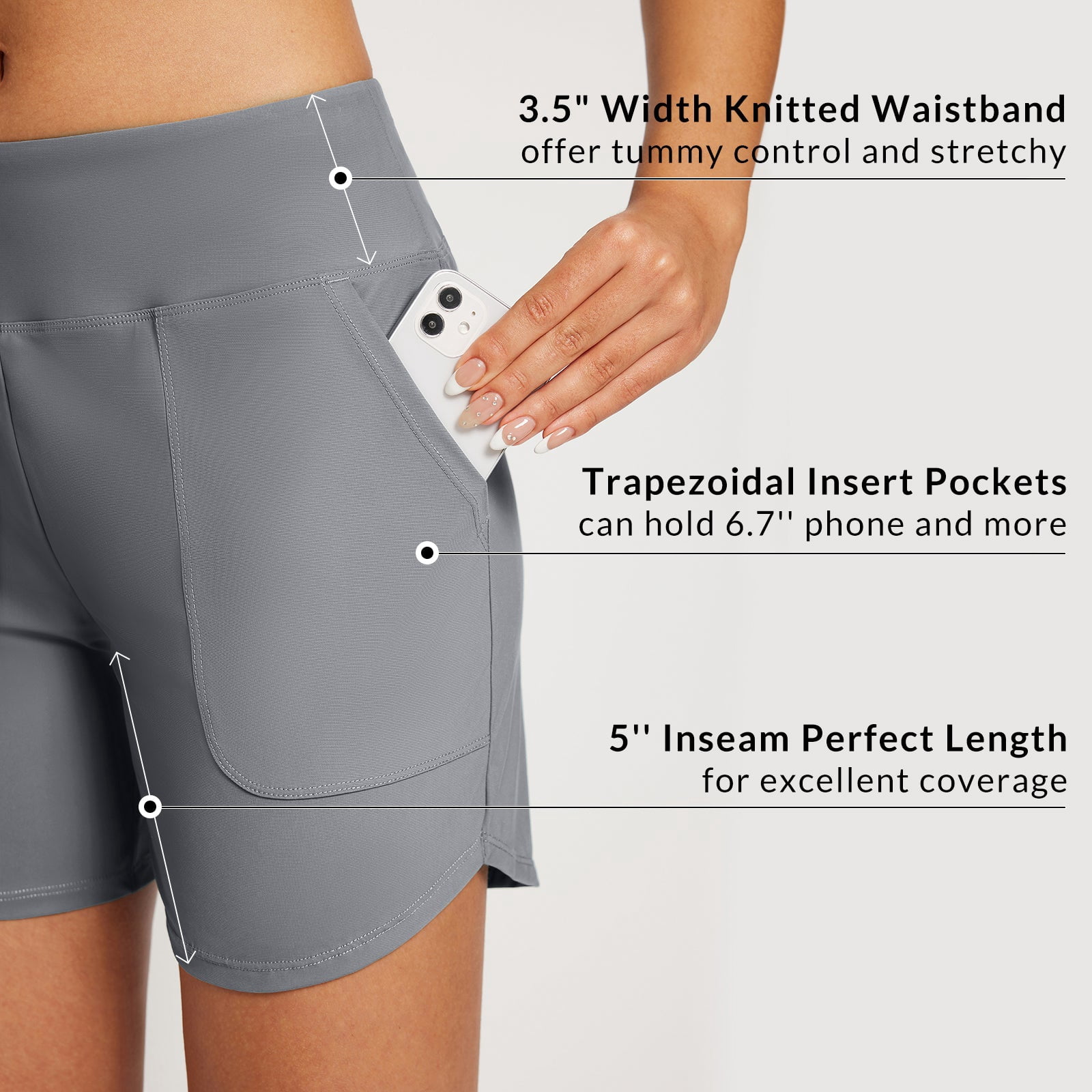 baleaf Women's Swim Board Shorts 5 inch Swimming Bottoms High Waisted Tummy Control Swimsuits Beach Shorts with Liner Dark Gray 2XL