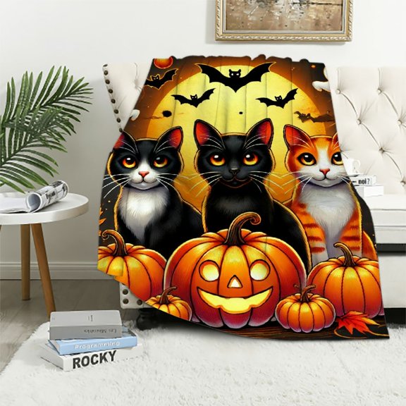 Witchy Cats Halloween Flannel Blanket: Pumpkins & Bats