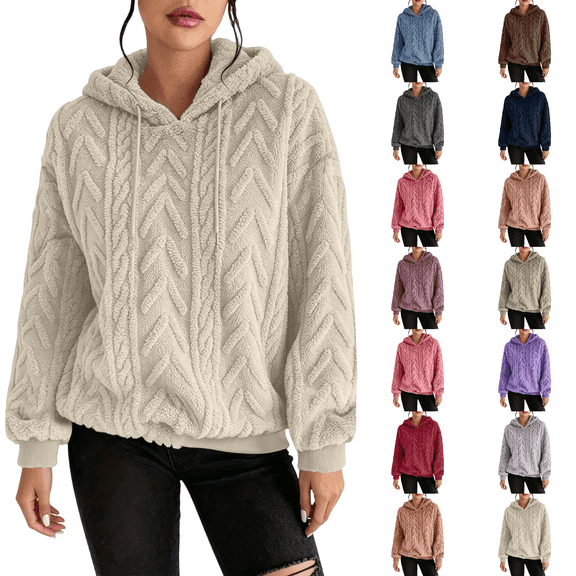 XUNKUSGA Womens Fuzzy Hoodies Classic Solid Color Textured Jacquard Fleece Pullover Top with Drawstring Hood Comfy Cozy Oversized Winter Warm Coat S