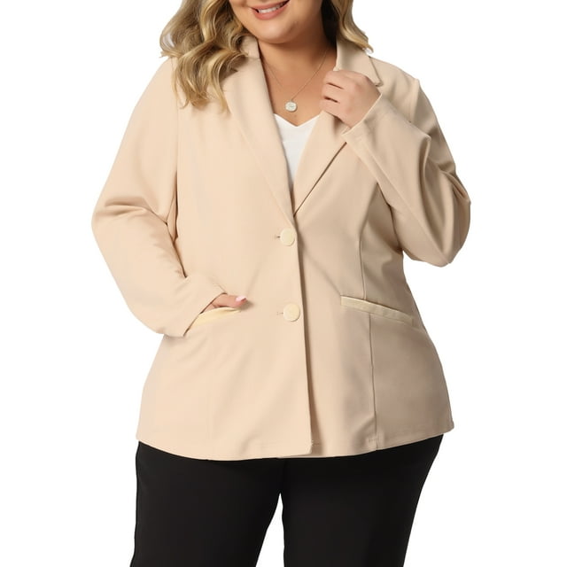 GRACE & GRANDEUR Women's Plus Size Fall Workwear Notched Lapel Button Down Office Blazer 1X Apricot