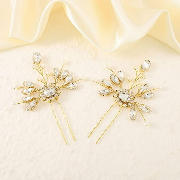 Crystal Bride Wedding Hair Pins Rhinestone Bridal Hair Pieces Pearl Hair Clips Gem Hair Accessories for Women and Girls (Pack of 2) (Gold)