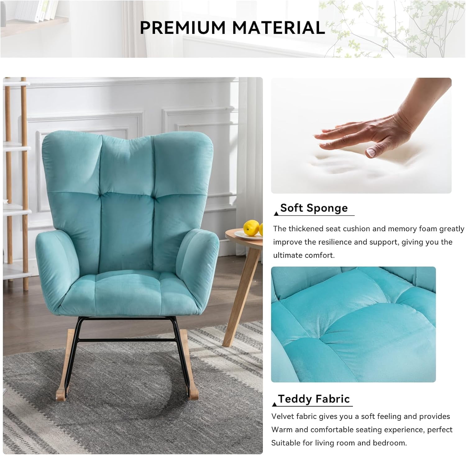 Rocking Chair Nursery Teddy Upholstered Glider Rocker High Backrest Nursery Rocker Comfortable Stylish Accent Armchair for Living Rooms Bedrooms Offices