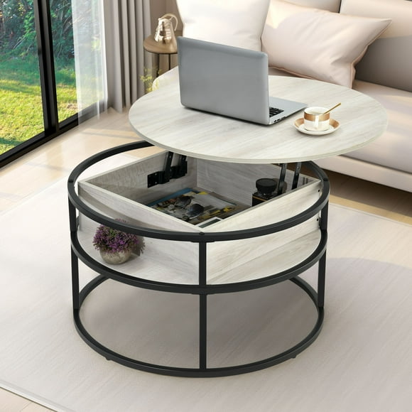 DEXTRUS Modern Round Lift Top Coffee Table with Hidden Storage Compartment, Center Table with Pet Friendly Shelf for Living Room, White Oak