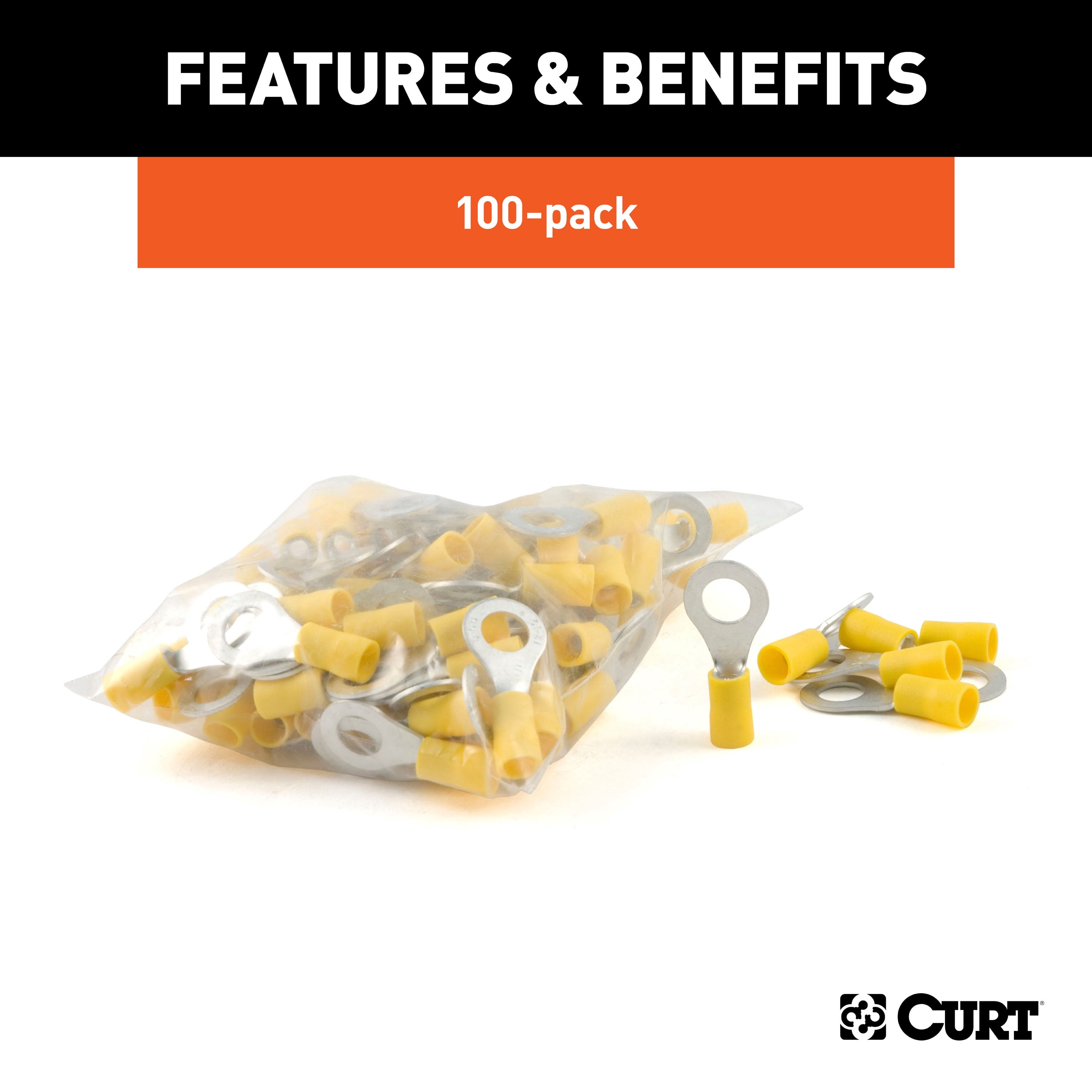 CURT 59556 12-10 Gauge Yellow Vinyl-Insulated Ring Terminal Wire Connectors, 5/16-Inch Stud, 100-Pack