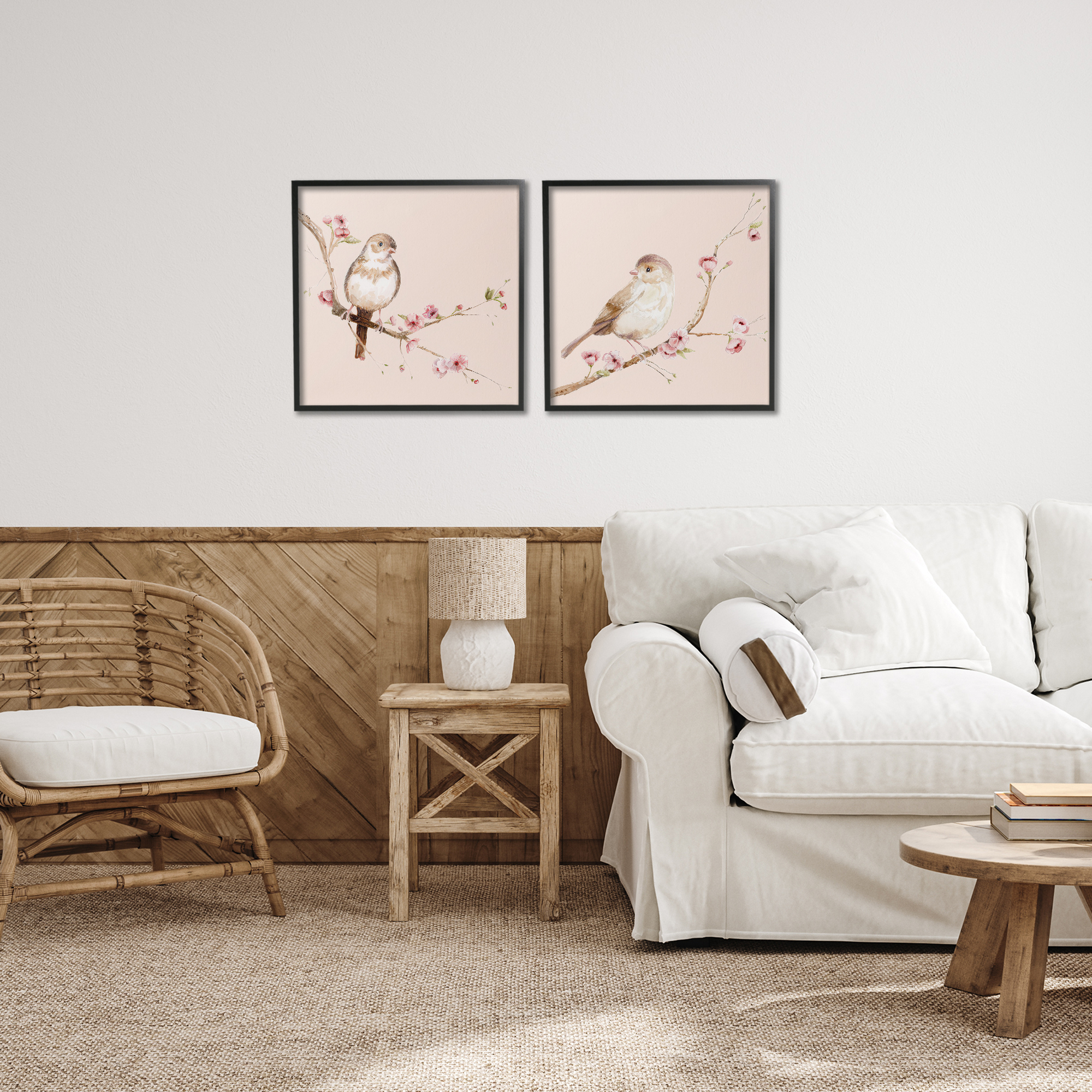 Sweetest Brown Birds Branch 2 Piece Black Framed Giclee Art Set, design by Lisa Wehmeyer