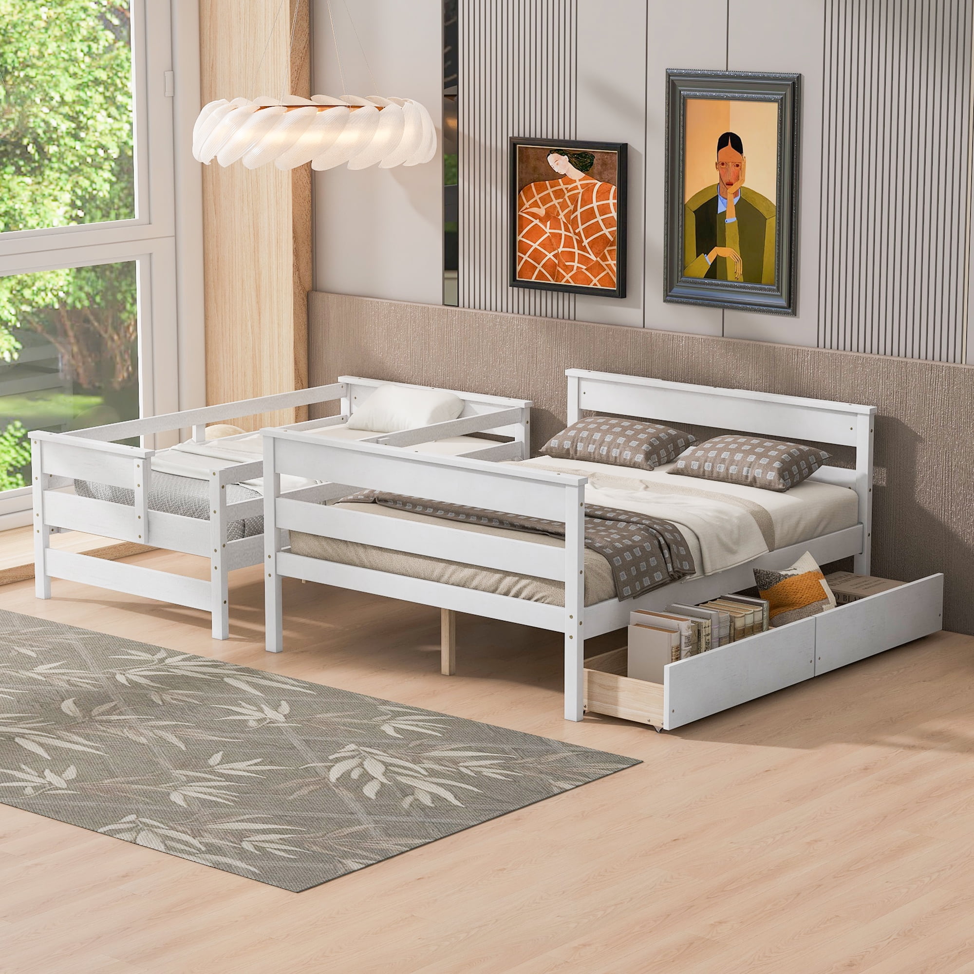 Euroco Wood Twin over Full Size Bunk Bed with Two Drawers, 2-in-1 Beds for Kids Teens Bedroom, Divided Bunk Bed Frame, White