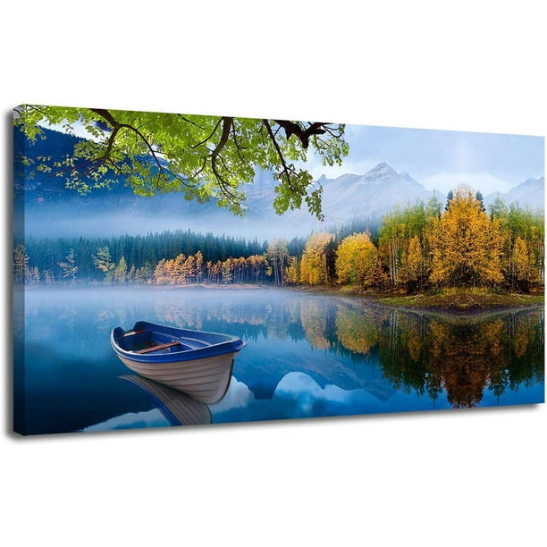 Autumn Forest Lake Mountain Canvas Wall Art Boat Painting Natural