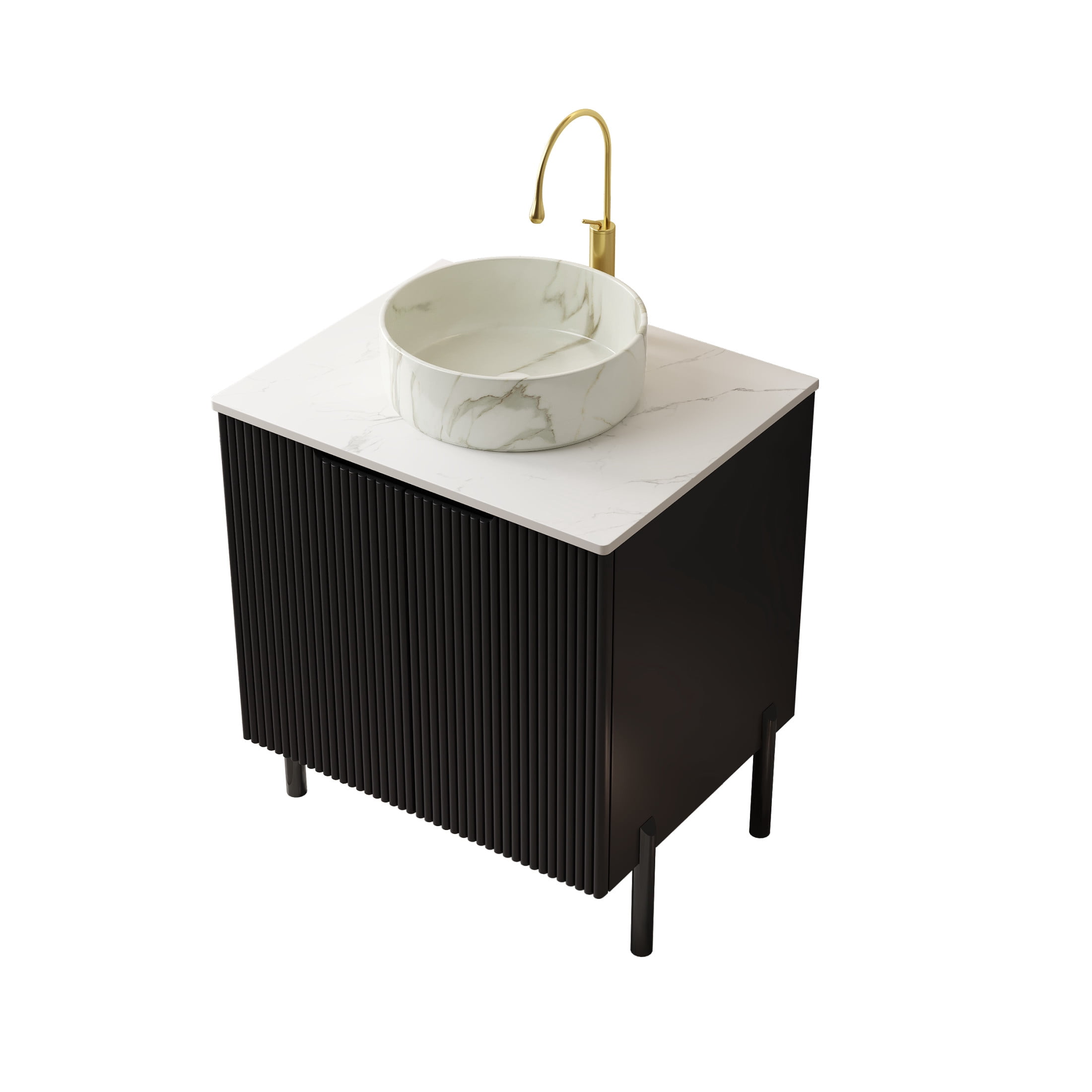 Noble House TURIO 24" Bathroom Vanity with Sintered Stone Countertop, Storage Cabinet, White Stone Basin, Black