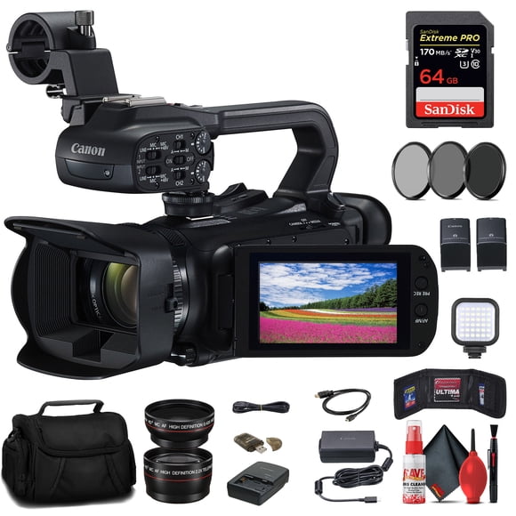 Canon XA65 Professionnel UHD 4K Caméscope (5732C002) + Carte Mémoire 64 Go + Batterie BP828 + Chargeur BP820 + Trousse de Filtres + Sac + Lumière LED + Objectif Grand-Angle + Objectif Téléphoto + Lecteur de Cartes + Plus