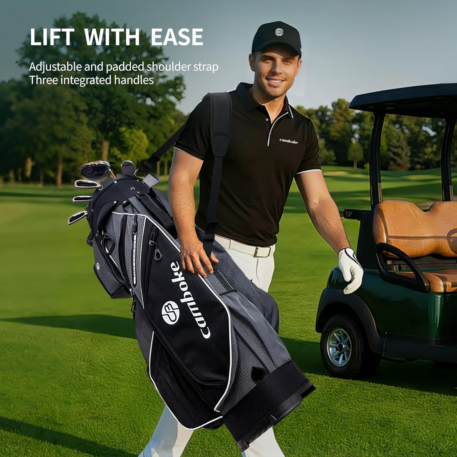 Silent Golf Cart Bag, Molded Lock Top Bag with 14-Way Full-Length Dividers Large Capacity Cooler Pocket Padded Strap Golf Club Bag with Rain Hood for Trolley Players,Grey