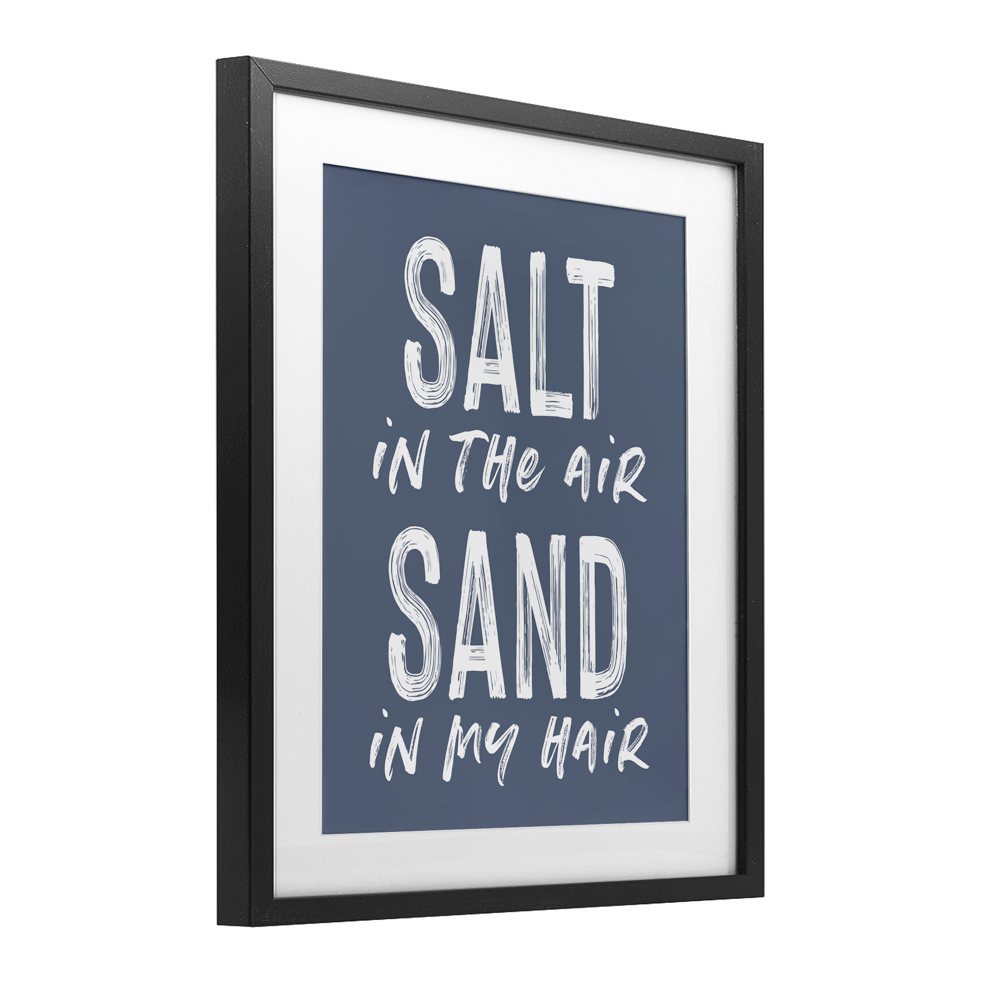 Summer Sentiment Salt Sand In Hair Black Framed Print Under Glass, design by Lettered and Lined