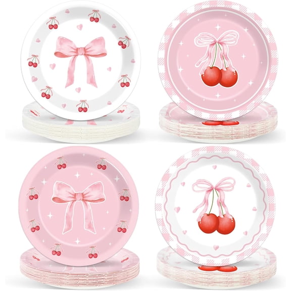 48PCS Cherry and Pink Bow Party Decorations Pink Bow Coquette Disposable Paper Plates Bowknot Cherry Heart Party Supplies for Bachelorette Bridal Engagement Wedding Birthday Baby Shower Parties