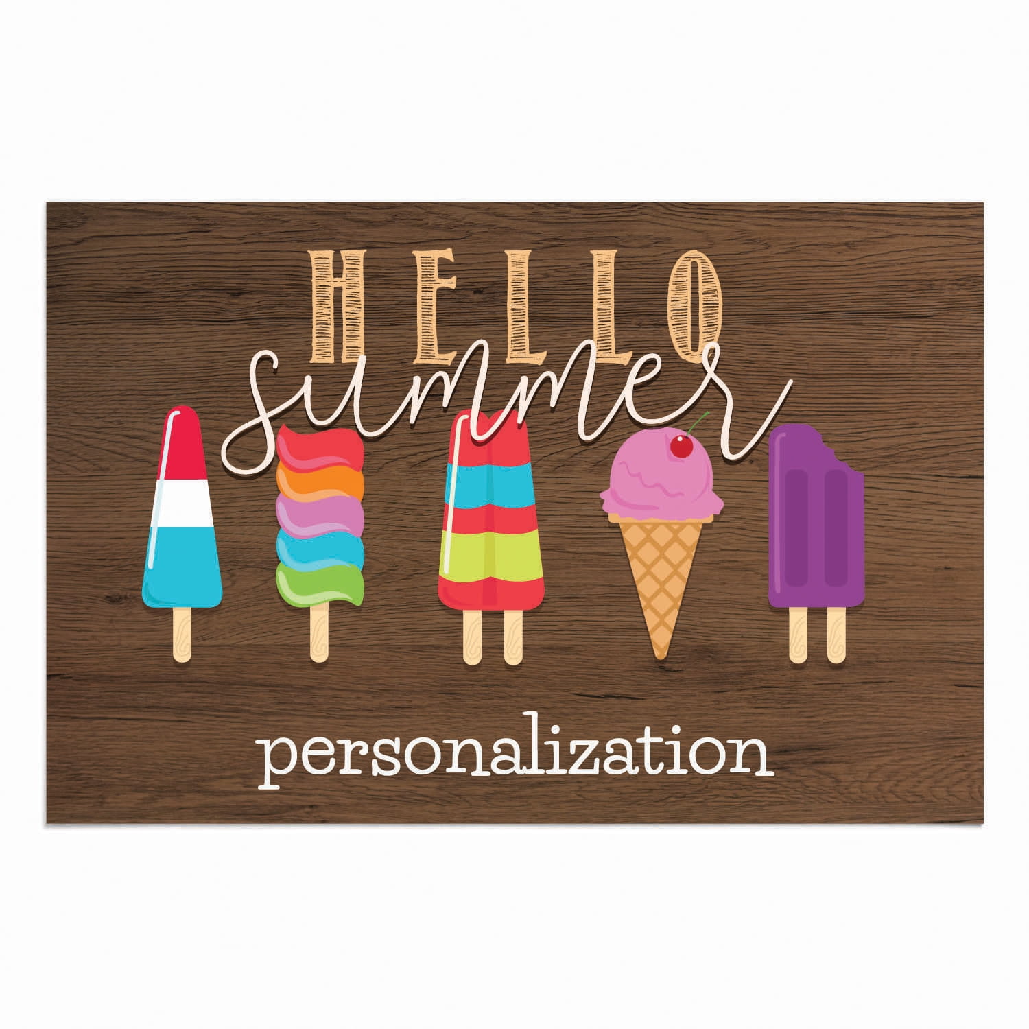 Personalized Planet 27x18 Hello Summer Ice Cream Doormat with Custom Family Name Printed on Brown Rectangular 1/8” Thick Non Slip Mat for Kitchen Hallway Deck or Porch