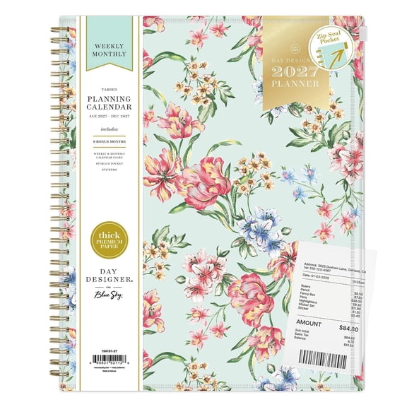 Blue Sky Day Designer 2027 Weekly and Monthly Planner Calendar, January 2027 - December 2027, 8.5" x 11", Flexible Cover With Zip Pouch, Durable Twin Wire Binding, Stickers, Tulip Garden Mint