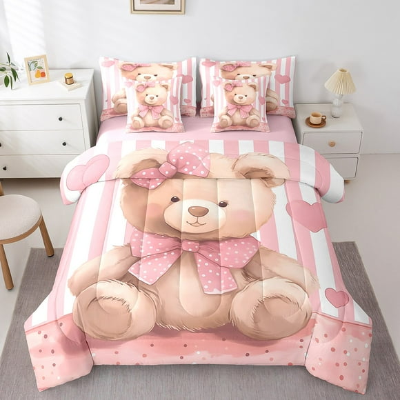 Erosebridal Stripes Bear Bedding Sets King Size,Cartoon Bowknot Bed in a Bag King size,Super Cozy Reversible Bedding King Size,Stripes Decoration,7 Pieces