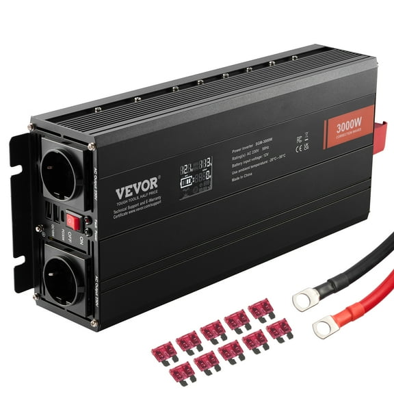 VEVOR Modified Sine Wave Inverter, 3000Watt, DC 12V to AC 120V LCD Display Power Inverter with 3 AC Outlets 2 USB Port 1 Type-C Port 10 Spare Fuses, for Large Household Equipment, CE FCC Certified