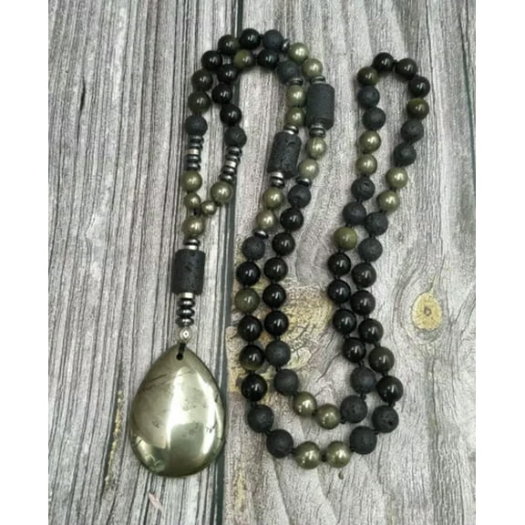 EOEMY Teardrop Pyrite Stone Pendant Obisdian Lava Beads Stone Handmade Knot Necklaces-100Cm