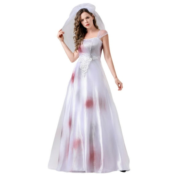 HNMKIU Ghostly Bride Dress Elegant Gothic Halloween Women's Formal Party Roleplay Outfit White,S