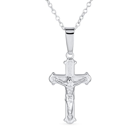 Bling Jewelry Womens Simple Christian Catholic Pendant Necklace Jesus Crucifix Cross Silver Chain