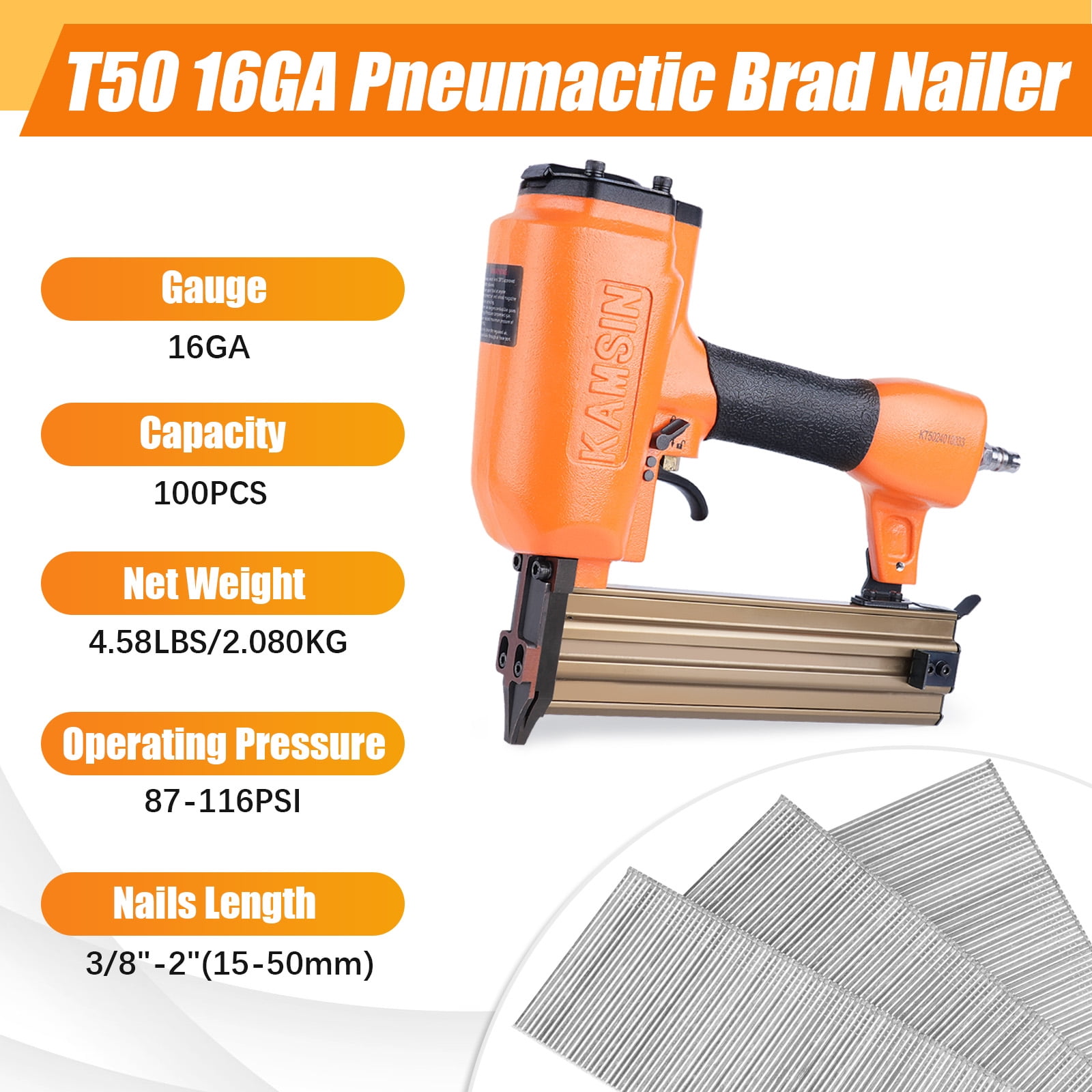KAMSIN T50 16 Gauge Pneumatic Finish Nailer - 5/8-inch to 2-inch (15-50mm) Brad Nails, Air Power Brad Nail Gun, applicable to woodworking, carpentry, upholstery
