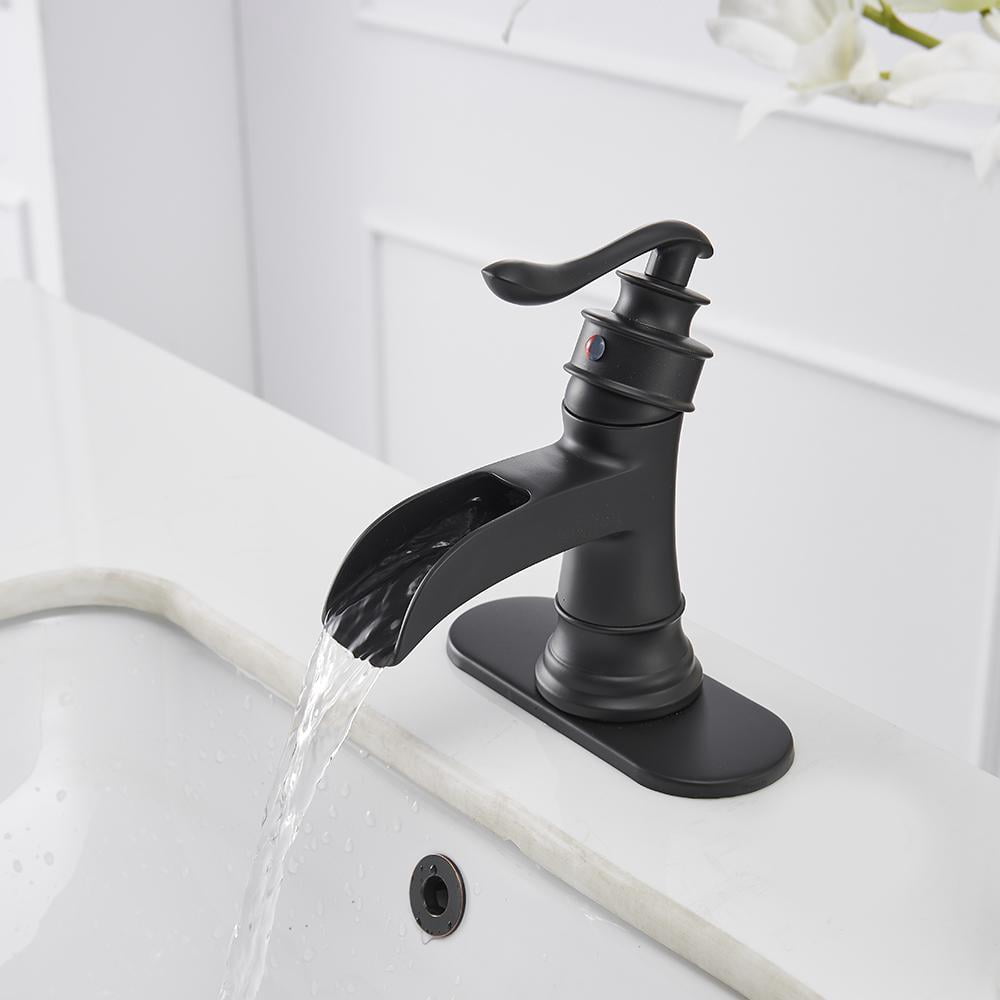 BWE Waterfall Single Hole Handle Low-Arc Bathroom Faucet with Pop-up Drain Assembly In Matte Black