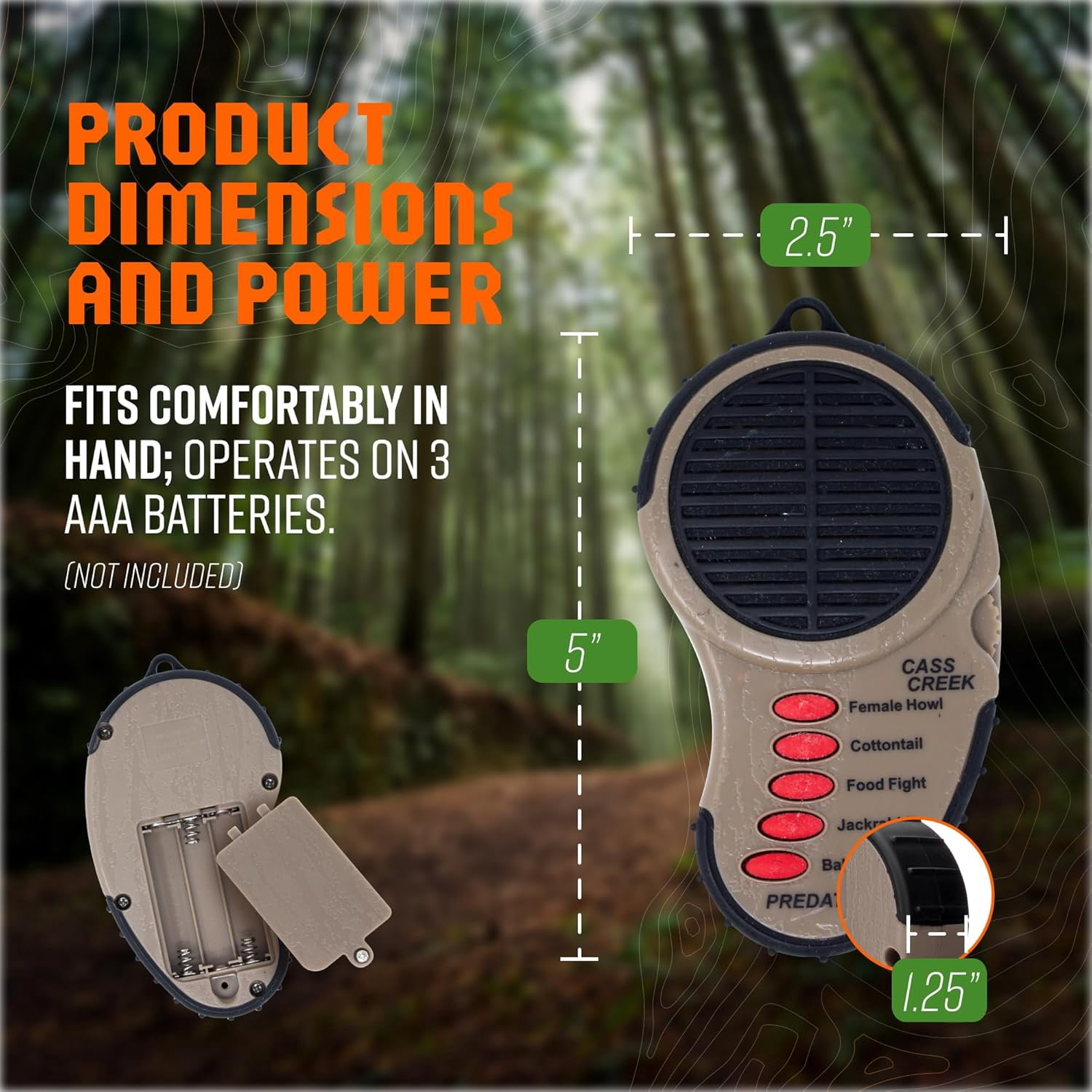 Cass Creek Ergo Predator Call for Hunting, Electronic Handheld Coyote Game Call, Compact with 5 Preloaded Predator Sounds, One-Hand Use