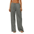 thumbnail image 2 of Cotton Linen Pants Women Flowy Comfy Low Rise Wide Leg Pants Casual Lounge Drawstring Boho Beach Palazoo Trousers Gray L, 2 of 6