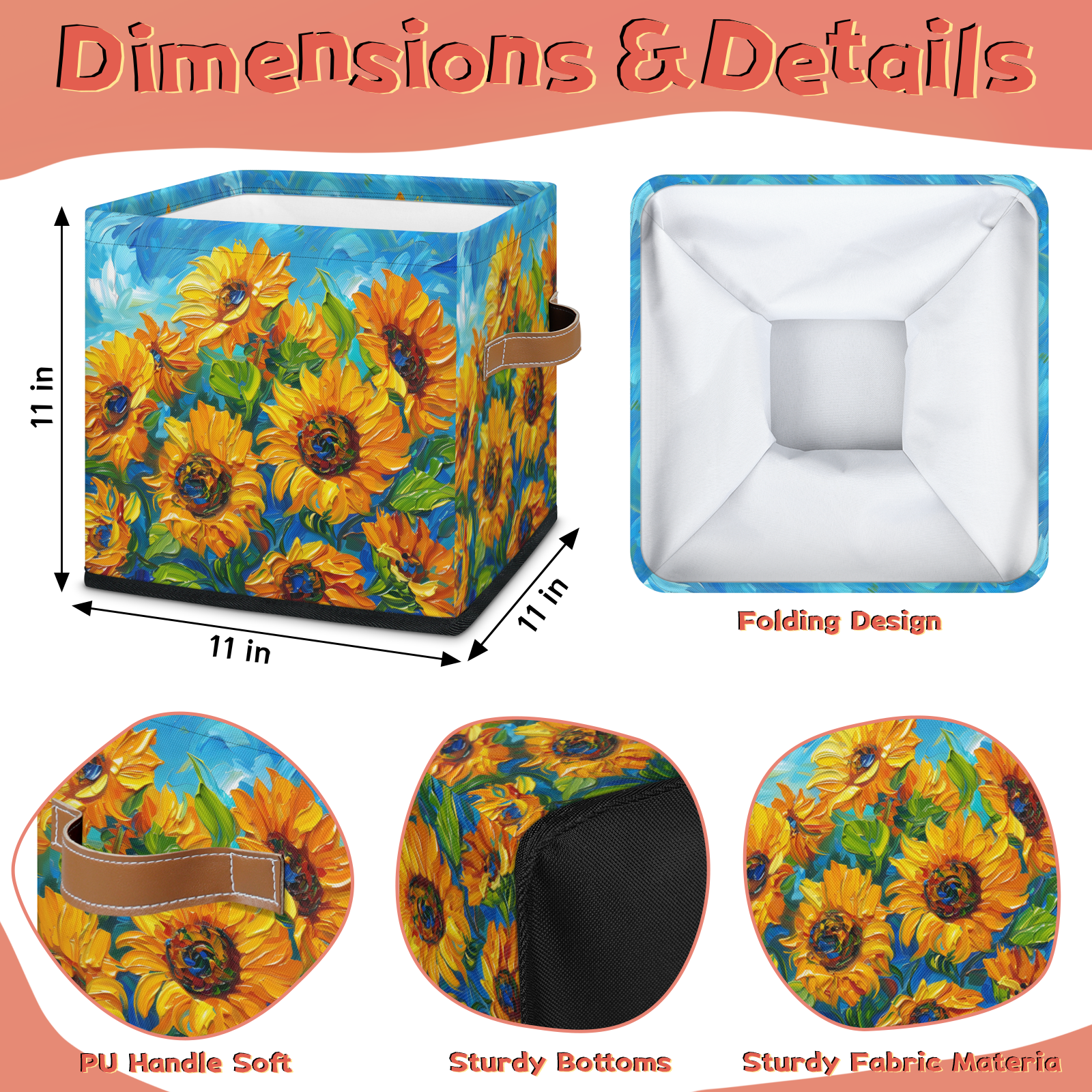 CURLYOOT Oil Painting Sunflower 11 x 11 Inch Cube Storage Bin, Fabric Storage Cube Foldable Basket with Leather Handles, Organizer Basket for Closet Shelves