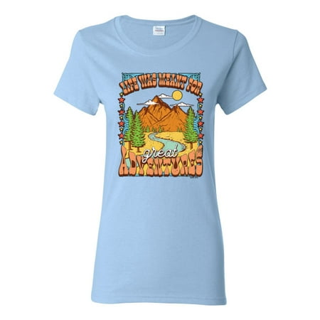 Wild Bobby Life Was Meant For Great Adventures Mountains Pine Trees Nature Lover Women Graphic Tee  Light Blue  3X-Large