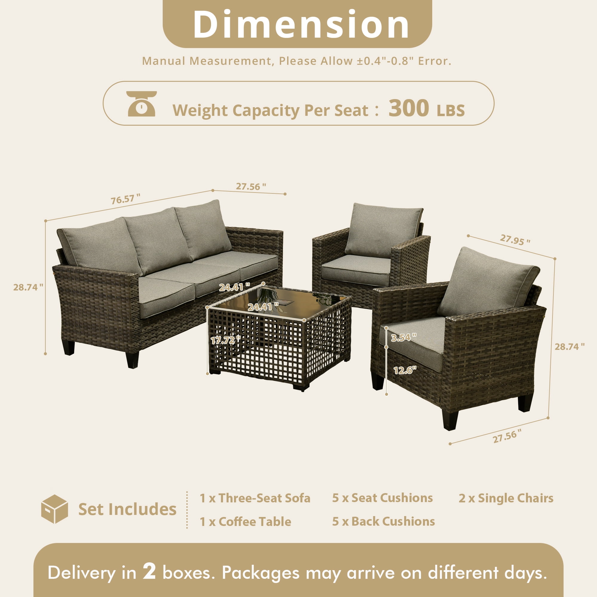 XIZZI Outdoor Patio Furniture Sets with Solar Coffee Table, All-Weather Wicker Rattan Outdoor Furniture Conversation Set for Porch, Patio, Backyard-Dark Gray