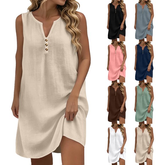Zpzdpjkx Women's Sleeveless Linen Shift Dress, Casual V-Neck Button Tunic Sundress, Loose Summer Tank Dress