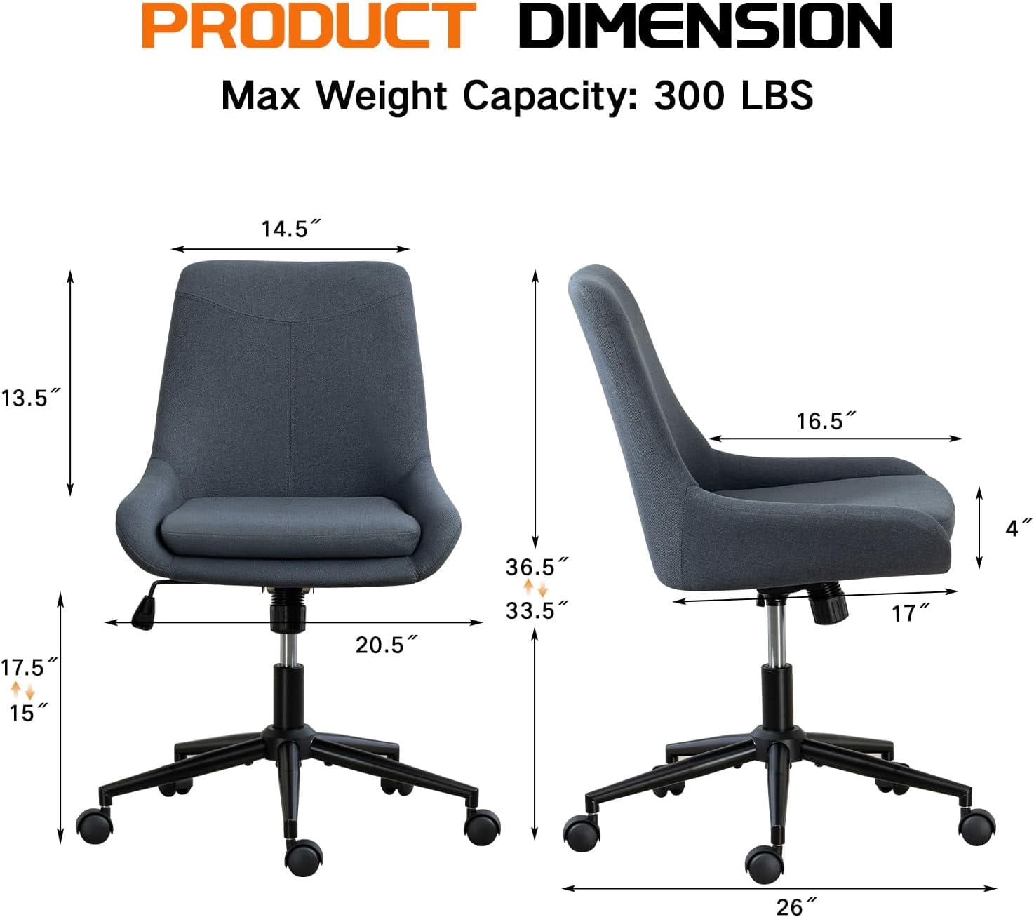 Breathable Linen Fabric Home Office Chair, Comfortable Armless Task Chair Swivel Rolling Adjustable Height Home Office