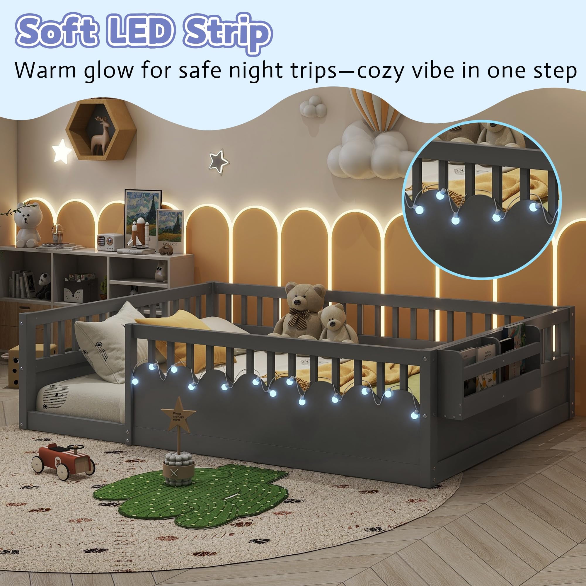 Montessori  High Rails and LED Lights Floor Bed, Full Size