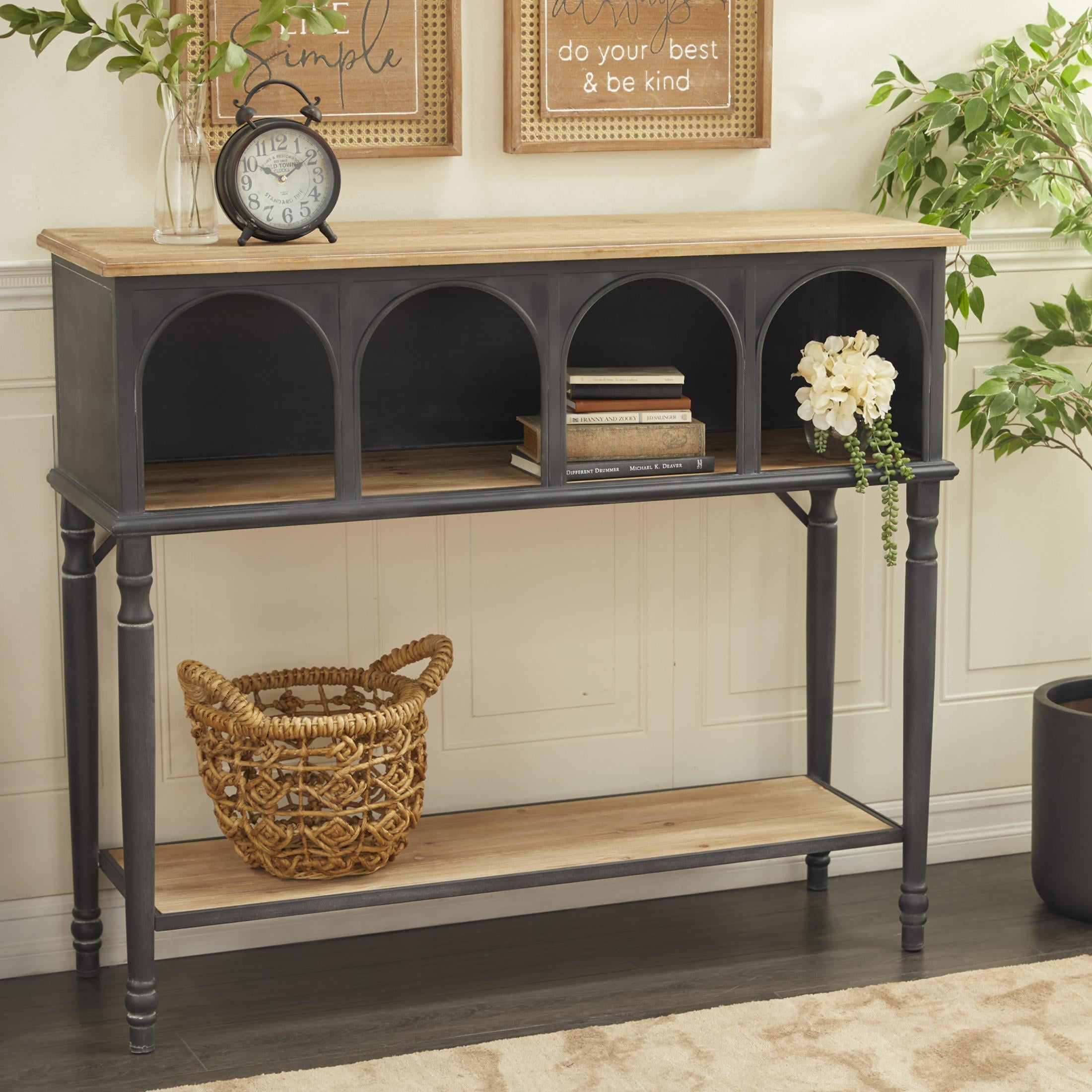 DecMode 47" x 41" Black Metal Arched 2 Shelf and 4 Cubby Console Table with Brown Wood Shelves, 1-Piece