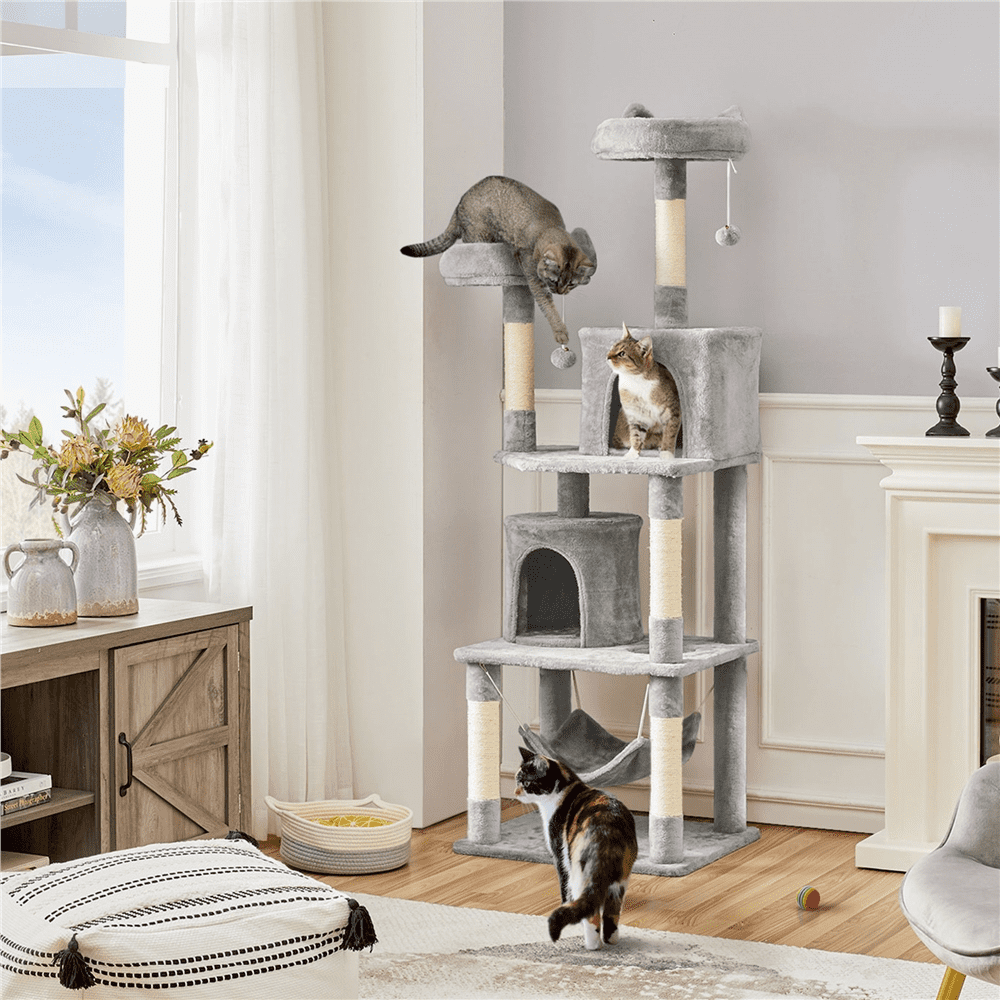 Alden Design 70″H Multi Level Cat Tower Tree with 2 Condos & 2 Foam-Padded Perches for Medium/Large Cats, Light Gray