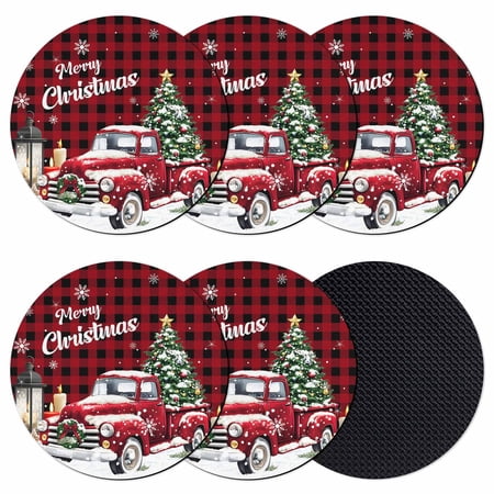 Red Plaid Truck Christmas Coasters Set of 6 Absorbent Coasters for Drinks Xmas Tree Snowflake Gifts Winter Coaster for Desk Coffee Table Protection Home Decor House Warming Gifts 4