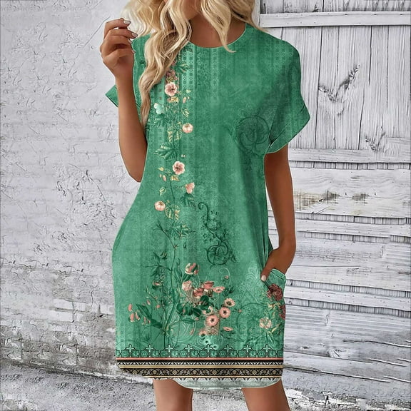 Nrmvnmi Summer Dresses for Women 2024 Casual T Shirt Dress Loose Roll Up Short Sleeve Round Neck Tunic Dress with Pocket for Women Green 2XLMothers Day Gifts
