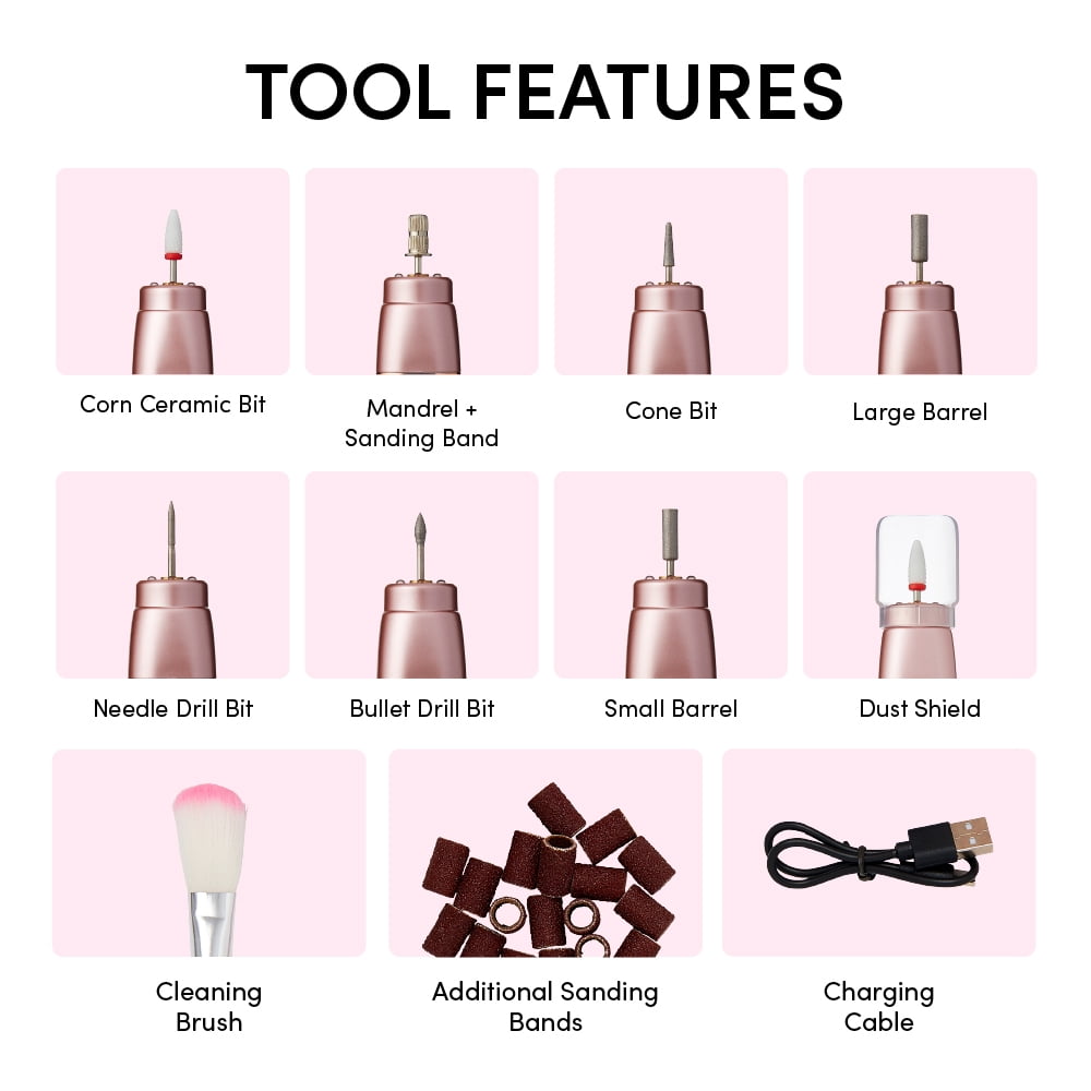 Éclat Cordless Nail Drill Electric File, Professional Efile for Acrylic, Gel, Dip Powder, Portable & Rechargeable Manicure Pedicure Tool Set with LED Light, 7 Drill Bits, Sanding Bands, Brush (White)