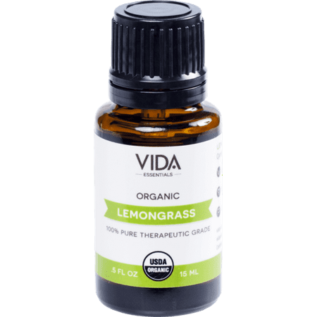 Lemongrass USDA Certified Organic Essential Oil, 15 ml (0.5 fl oz), 100% Pure, Undiluted, Best Therapeutic Grade, Perfect For Antiseptic, Cold Relief, Detoxification, Headache. VIDA Essentials.