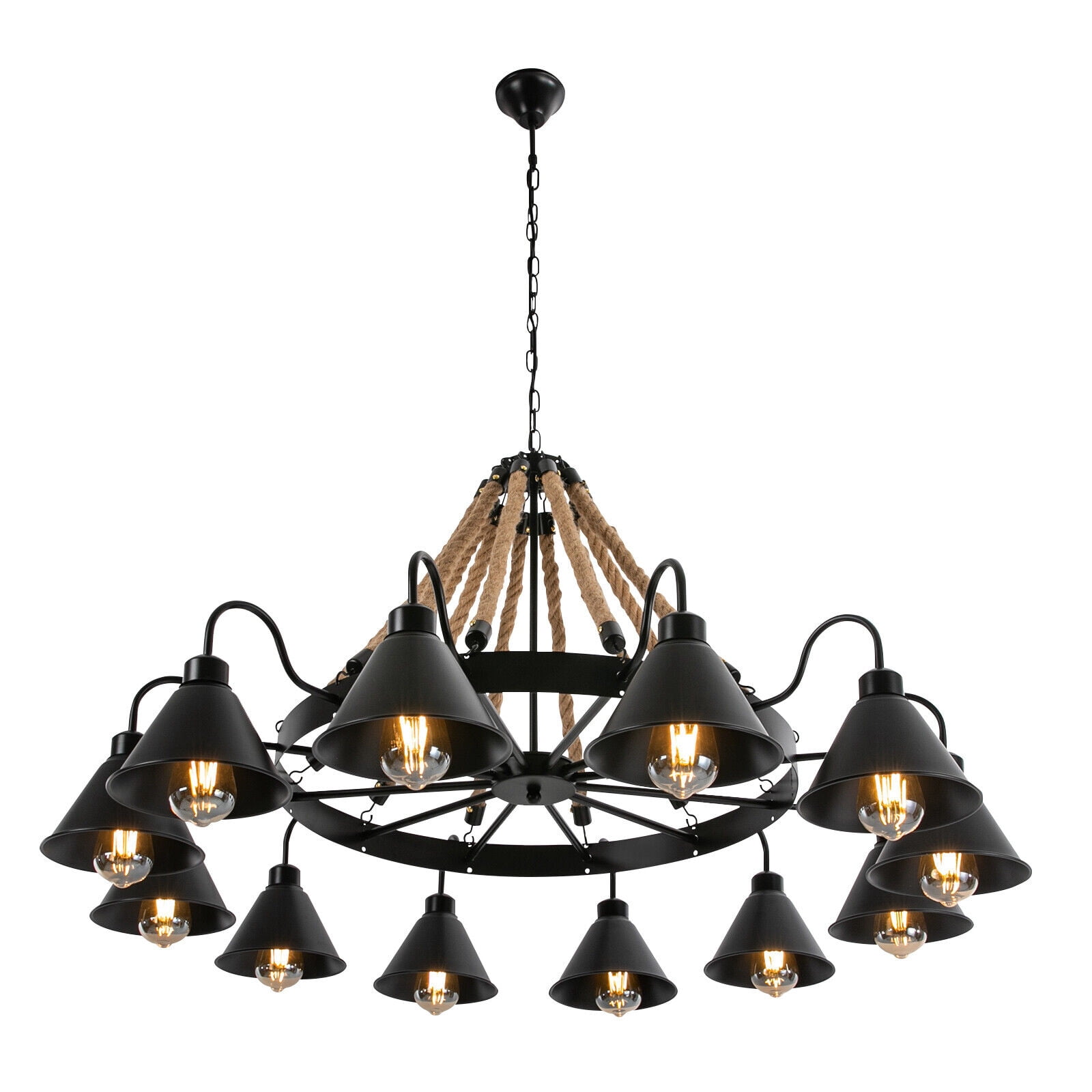 Miumaeov 12 Lights Vintage Industrial Pendant Lamp Hemp Rope Chandelier Ceiling Light Fixture for Cafe Bar Loft
