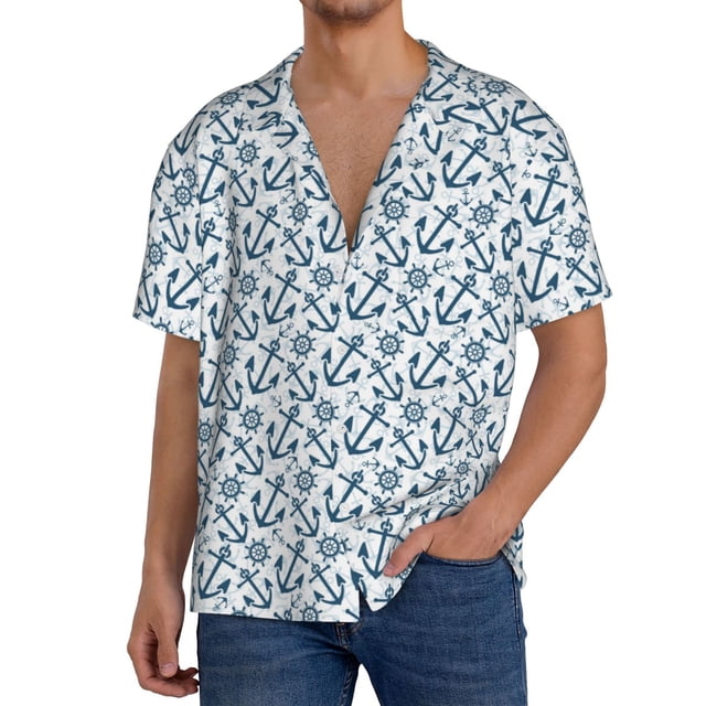 Balery Nautical Theme Anchors Camisa Casual de Manga Corta con Botones para Hombre, Texturizada, Estilo Cubano, para Playa, Verano-3X-Large