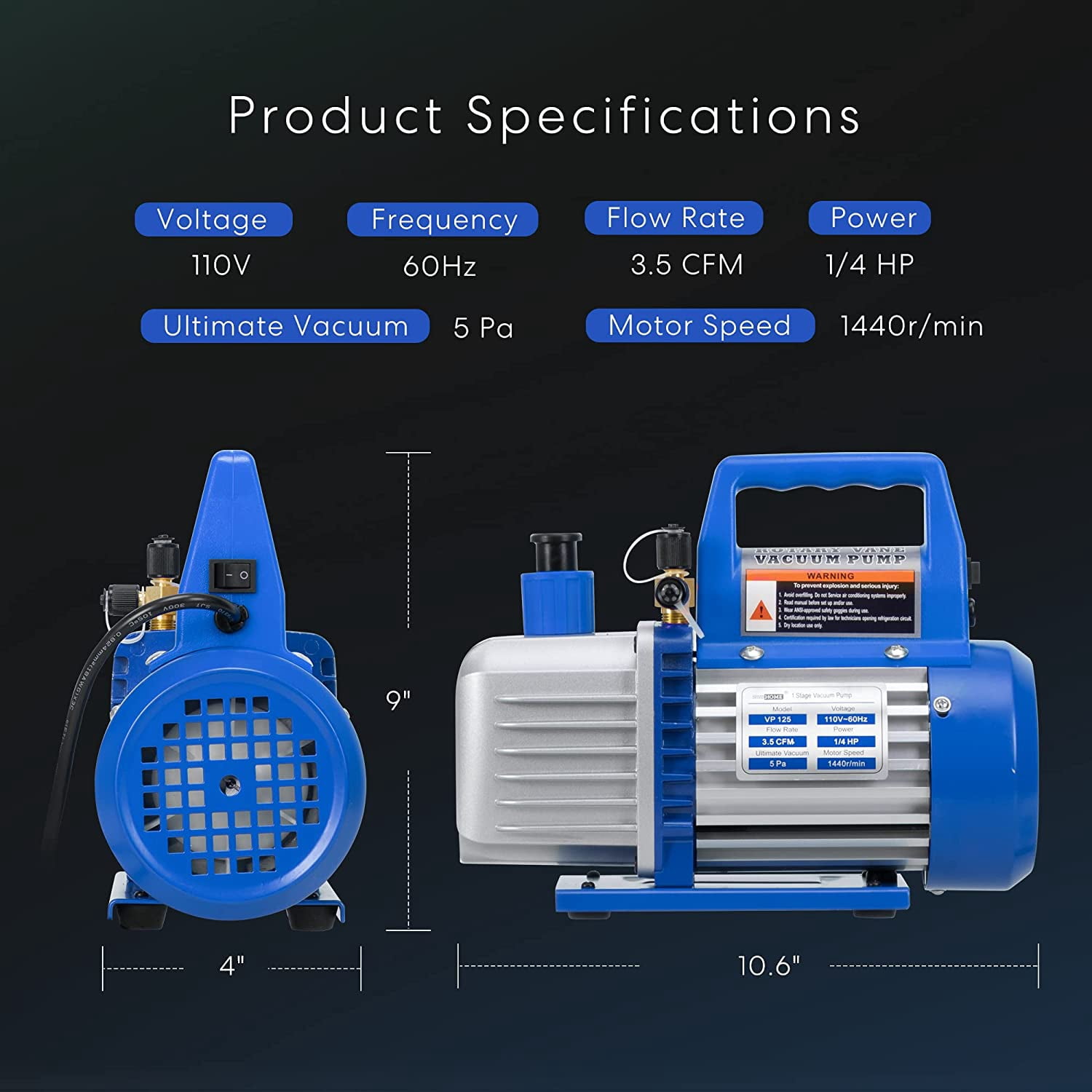 SPECSTAR 110V 1/4 HP 3.5 CFM Single Stage Rotary Vane Air Vacuum Pump with Oil Bottle